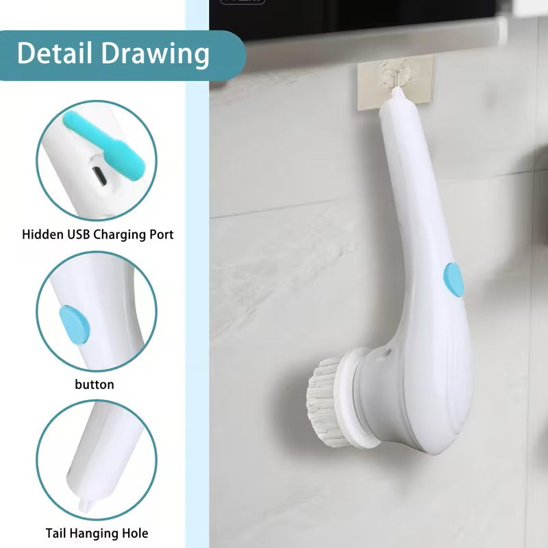 Electric spin scrubber with blue accents attached to a wall hook, highlighting features like a hidden USB charging port and tail hanging hole.