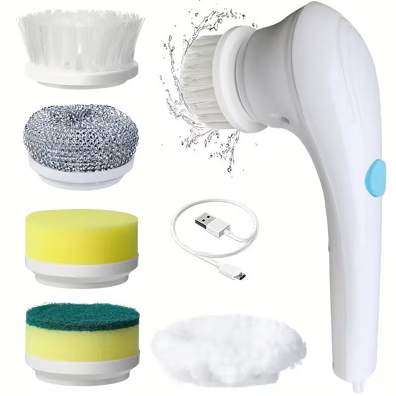 White handheld electric spin scrubber with interchangeable heads and USB cable on a white background